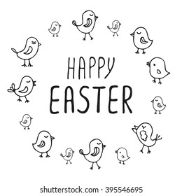 Easter greeting card with hand drawn lettering and birds collection of line art cartoon sketch, design vector illustation, holiday symbol. 