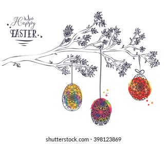 Easter greeting card with  Hand drawn Branch with leaves and Easter Watercolor eggs with Mandala pattern. Inked drawing. Abstract egg. Ideal for Greeting Easter Card or Decorative Design Element. 