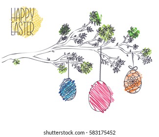 Easter greeting card with  Hand drawn Branch with leaves and Hanging  ornamental Easter eggs. Childish drawing. Ideal for Greeting Happy Easter Card or Decorative Design Element.
