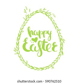 Easter greeting card with hand drawn lettering and floral wreath. Vector illustration. 