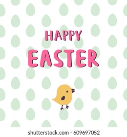 Easter greeting card with hand drawn lettering and yellow chick for design invitation, cards, banner, poster.