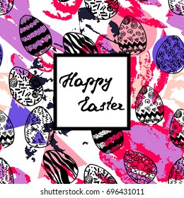 Easter greeting card with hand drawn eggs and abstract elements. Vector seamless pattern. Memphis style.