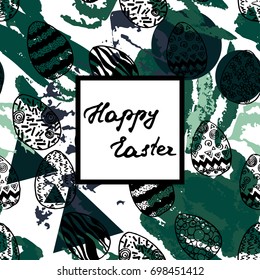 Easter greeting card with hand drawn eggs and abstract elements. Vector seamless pattern. Memphis style.