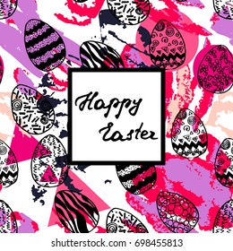 Easter greeting card with hand drawn eggs and abstract elements. Vector seamless pattern. Memphis style.