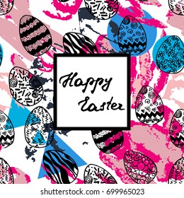 Easter greeting card with hand drawn eggs and abstract elements. Vector seamless pattern. Memphis style.