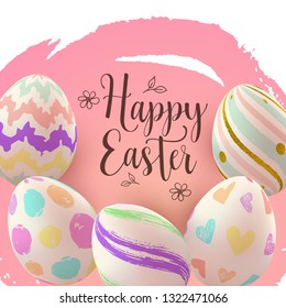 Easter greeting card with hand painting eggs on a pink background. Vector illustration. Happy Easter lettering