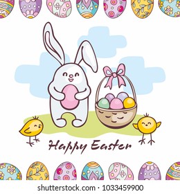 Easter greeting card with hand-drawn eggs, bunny and chickens. Vector illustration in doodle style.