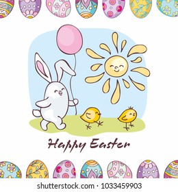 Easter greeting card with hand-drawn eggs, bunny and chickens. Vector illustration in doodle style.