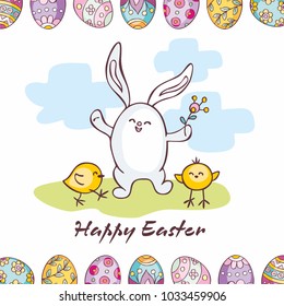 Easter greeting card with hand-drawn eggs, bunny and chickens. Vector illustration in doodle style.