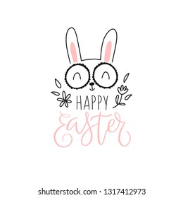Easter greeting card with handwritten text - Happy Easter and funny rabbit with flowers. Vector illustration.