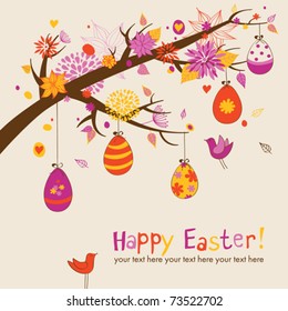 Easter greeting card with hanging eggs on the branch