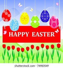 Easter greeting card with hanging eggs. Vector.