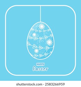 Easter greeting card with hanging Easter outline egg Square design Blue background Text Happy Easter Cartoon flat style