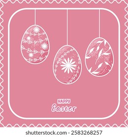 Easter greeting card with hanging Easter outline eggs Square design Pink background Text Happy Easter Cartoon flat style Decorative frame