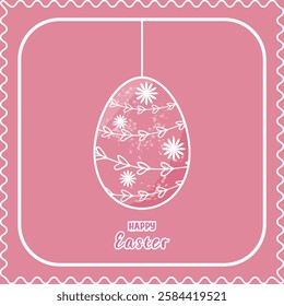 Easter greeting card with hanging Easter outline egg Square design Pink background Text Happy Easter Cartoon flat style Decorative frame Pastel monochrome colors