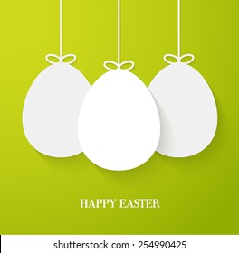 Easter greeting card with hanging paper eggs. Vector illustration.