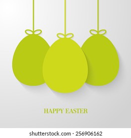 Easter greeting card with hanging paper green eggs. Vector illustration.