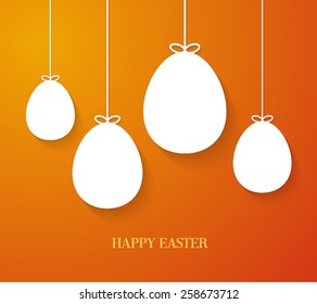 Easter greeting card with hanging paper eggs. Vector illustration.