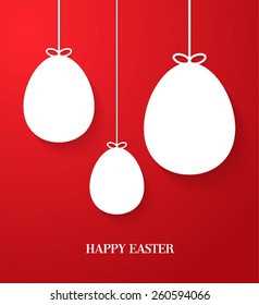 Easter greeting card with hanging paper eggs. Vector illustration.