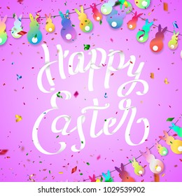 Easter greeting card with hanging rabbit, colorful confetti and handwritten inscription paper style, vector illustration