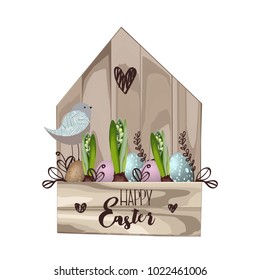 Easter greeting card for Happy Easter. Flower arrangement in hand-made style. Postcards, invitations, advertising, poster. Eco style