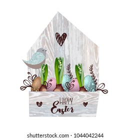 Easter greeting card for Happy Easter. Flower arrangement in hand-made style. Postcards, invitations, advertising, poster. Eco style
