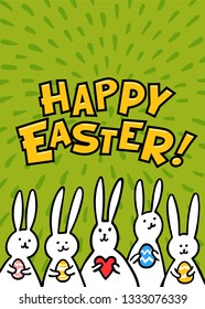 Easter greeting card. Happy easter inscription and cute white bunnies on green background. Vector illustration