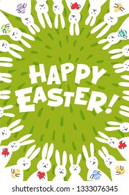 Easter greeting card. Happy easter inscription and cute white bunnies on green background. Vector illustration