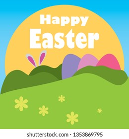 Easter greeting card. Happy Easter lettering background with bright spring landscape, rabbit ears and painted eggs.
Holidays design illustration.