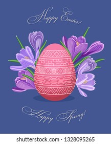 Easter greeting card. Happy easter print design. Spring flowers and eggs vector

