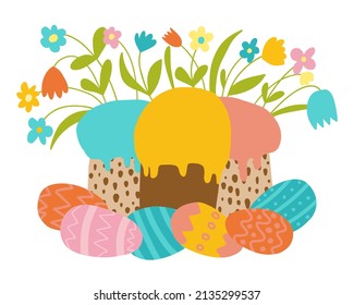 Easter greeting card. Happy Easter vector illustration. Cake with flowers and colored eggs.