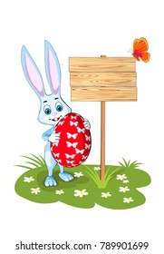 Easter greeting card hare big egg pole pointer wooden green lawn grass flowers butterfly cartoon style isolate white background