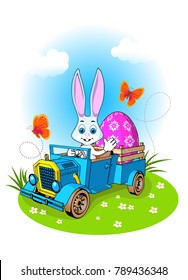 Easter greeting card hare car retro blue color pick-up big egg glade green nature landscape sky clouds butterflies grass flowers cartoon style