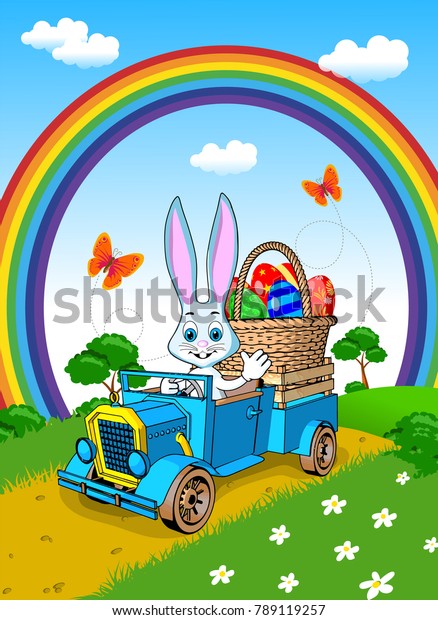 Easter greeting card hare car retro blue light\
landscape road grass flowers trees rainbow blue sky clouds cartoon\
style