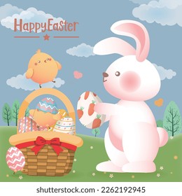 Easter greeting card with hare, easter eggs and chicks