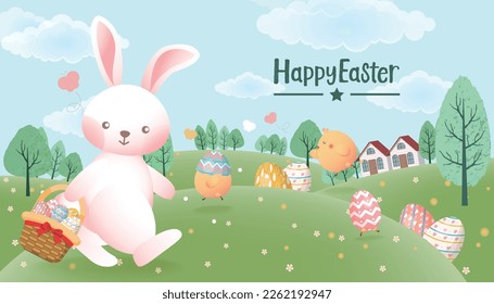 Easter greeting card with hare, easter eggs and chicks