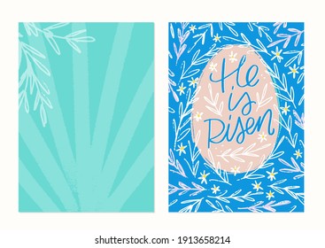 Easter greeting card with He is risen lettering Bible verse on a floral botanical background in green, pink and blue colours.