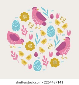 Easter greeting card with hen, chicken, egg, tulip, leaves, flowers on white background. Circle ornament. Perfect for seasonal holidays and summer decorations. Vector illustration