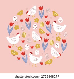 Ostergrußkarte mit Henne, Huhn, Tulpe, Eiern auf rosafarbenem Hintergrund. Kreisschmuck. Perfekt für saisonale Ferien und Frühlingsdekorationen. Vektorgrafik