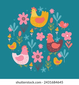 Ostern Grußkarte mit Hühnern, Huhn, Blumen, Blätter auf türkisfarbenem Hintergrund. Kreisornament. Perfekt für Frühlings- und Sommerferien