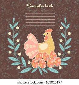 Easter greeting card with hens and eggs