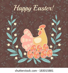 Easter greeting card with hens and eggs