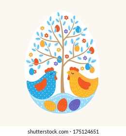 Easter greeting card with hens and tree