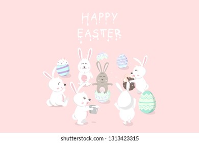 Easter, greeting card holiday, chocolate and cream decoration festival, baby rabbit resurrection, egg fancy, cute bunny cartoon invitation vector illustration