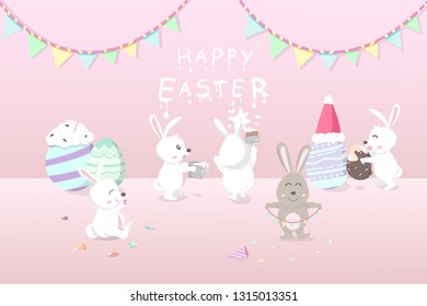 Easter, greeting card holiday, rabbits decorate the room for celebrate party with ornate egg fancy, cute bunny cartoon invitation vector illustration