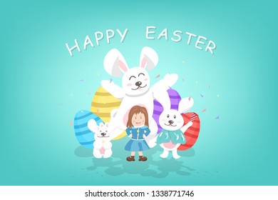 Easter, greeting card holiday, rabbits and pretty girl with egg carnival party celebration, cute cartoon invitation poster background vector illustration