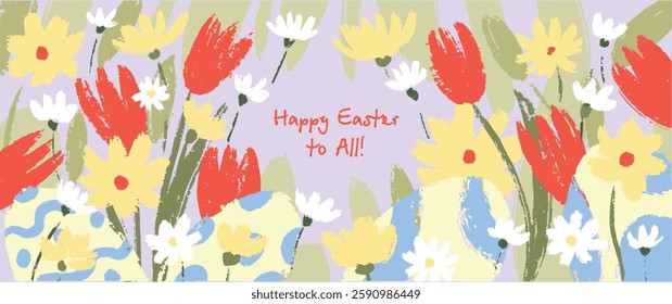 Easter Greeting Card, Horizontal Poster, Holiday Cover or Web Banner Design Template with Seamless Border. Spring Flowers, Easter Eggs. Hand-Drawn Springtime Illustration. Festive Holiday Design