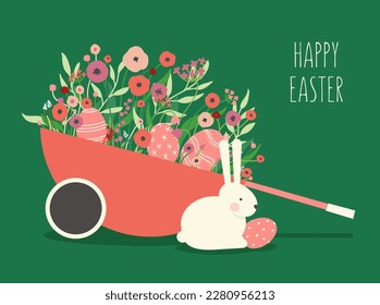 Tarjeta de felicitación de Pascua. Ilustración del conejito de Pascua, huevos de Pascua y composición floral en la carretilla de jardín