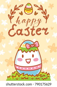 Easter greeting card. Illustration with cute smiling colored Egg character with bow and lettering, calligraphy text. Happy Easter. Hand drawn holiday art in vector cartoon style