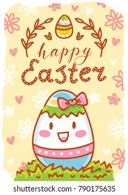 Easter greeting card. Illustration with cute smiling colored Egg character with bow and lettering, calligraphy text. Happy Easter. Hand drawn holiday art in vector cartoon style